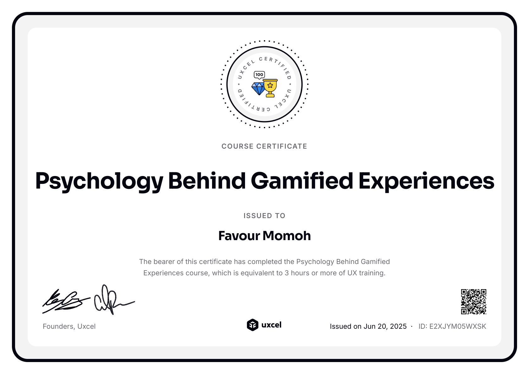 Favour Momoh's certificate